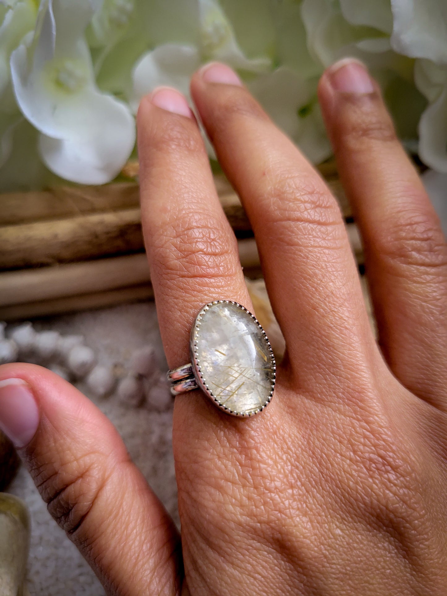 Labradorite Rutilated Quartz Ring Size 6