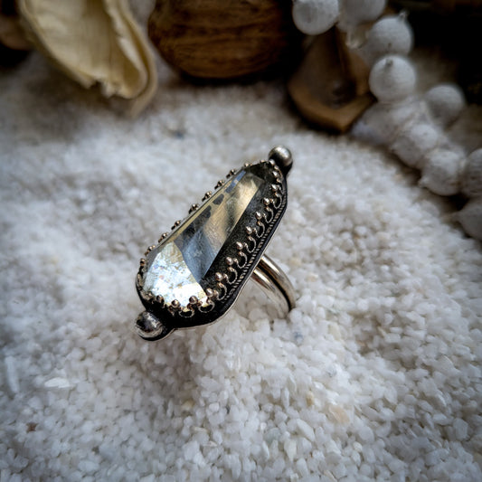 Pyrite Cabochon Statement Silver Ring Crystal Doublet Stone