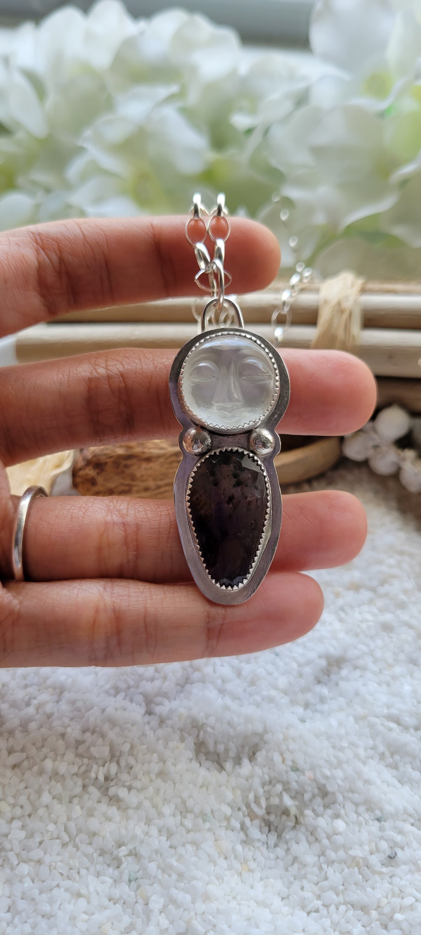 Moonstone carved Cacoxenic Stone Pendant  Necklace