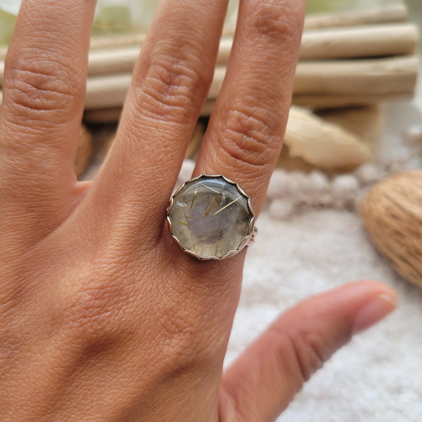 Labradorite Rutilated Quartz Doublet Ring Size 9