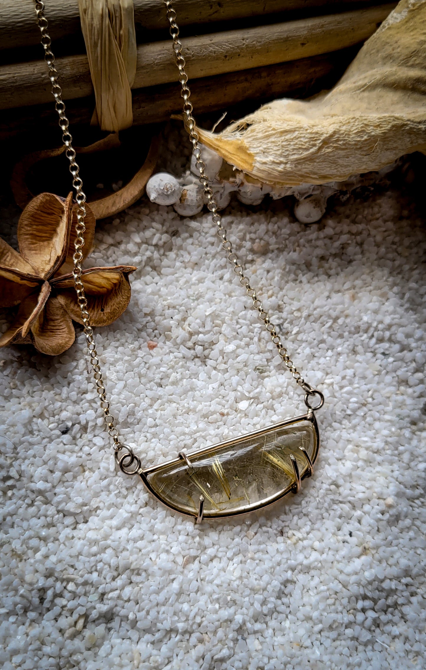 Gold Rutilated Quartz Prong Necklace