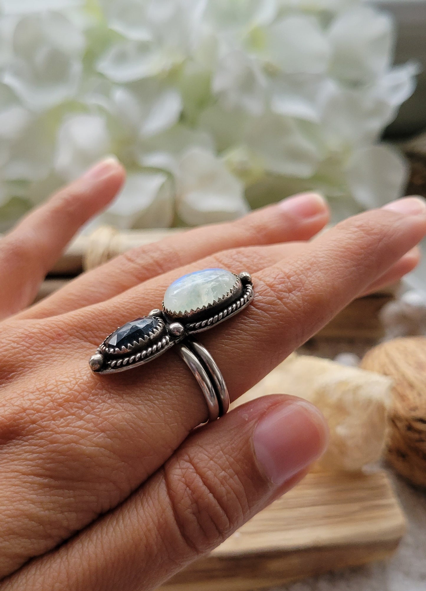 Moonstone Teal Moss Kyanite Statement Silver Ring Size 7