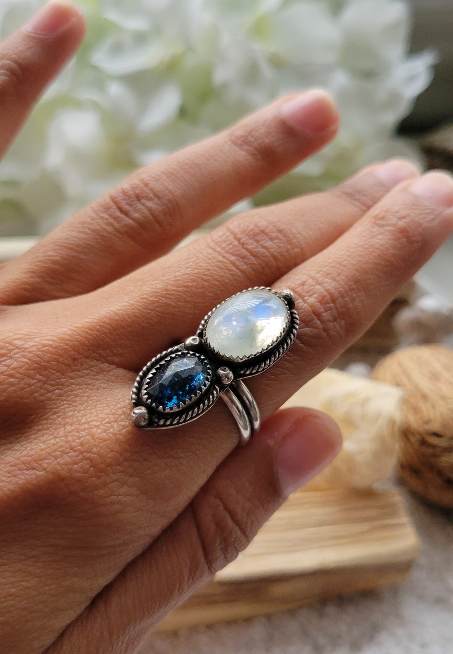 Moonstone Teal Moss Kyanite Statement Silver Ring Size 7