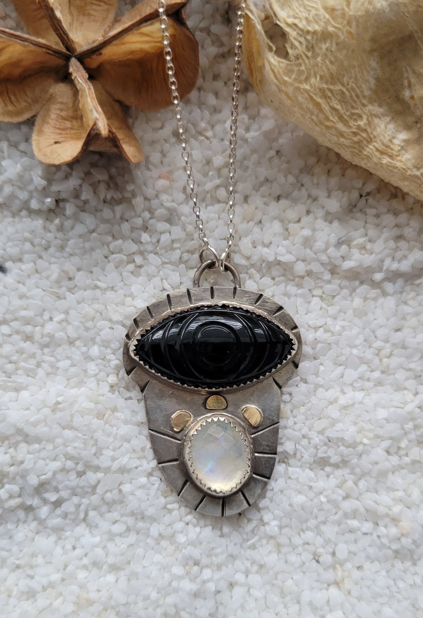 Black Onyx Moonstone Pendant 10k Gold accents