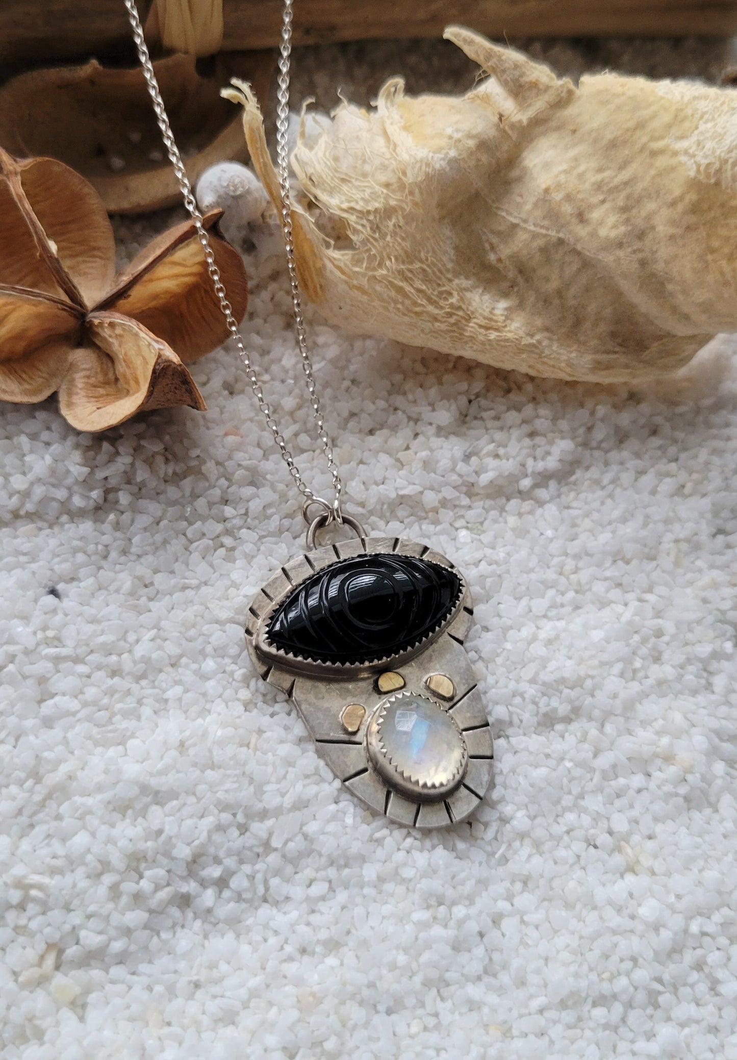 Black Onyx Moonstone Pendant 10k Gold accents