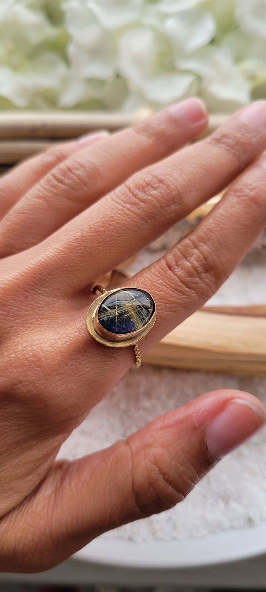 Lapis Lazuli Rutilated Quartz Doublet Ring 14k Gold-filled Size 9