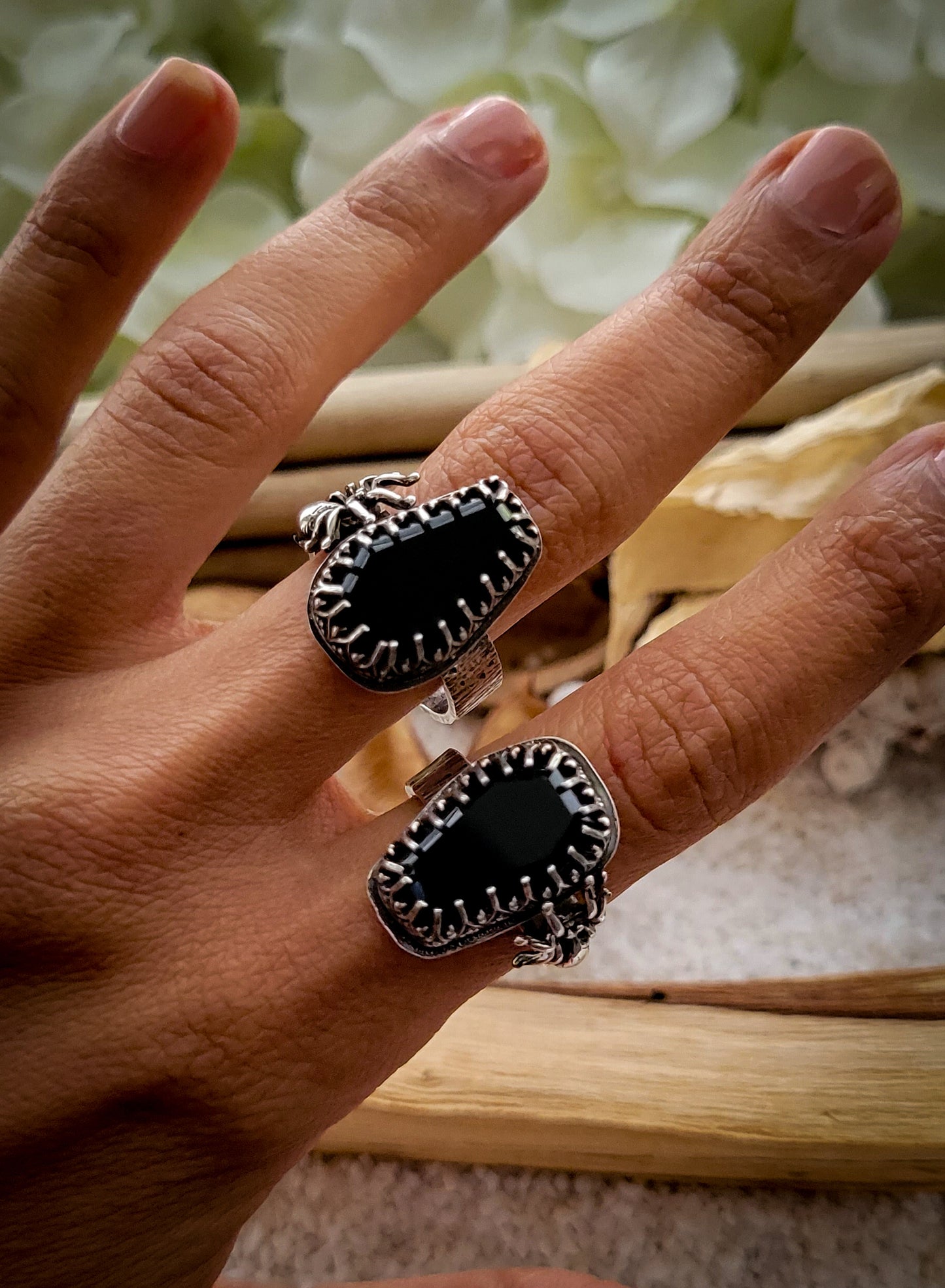 Black Onyx Coffin Ring with Spider accent Size 6