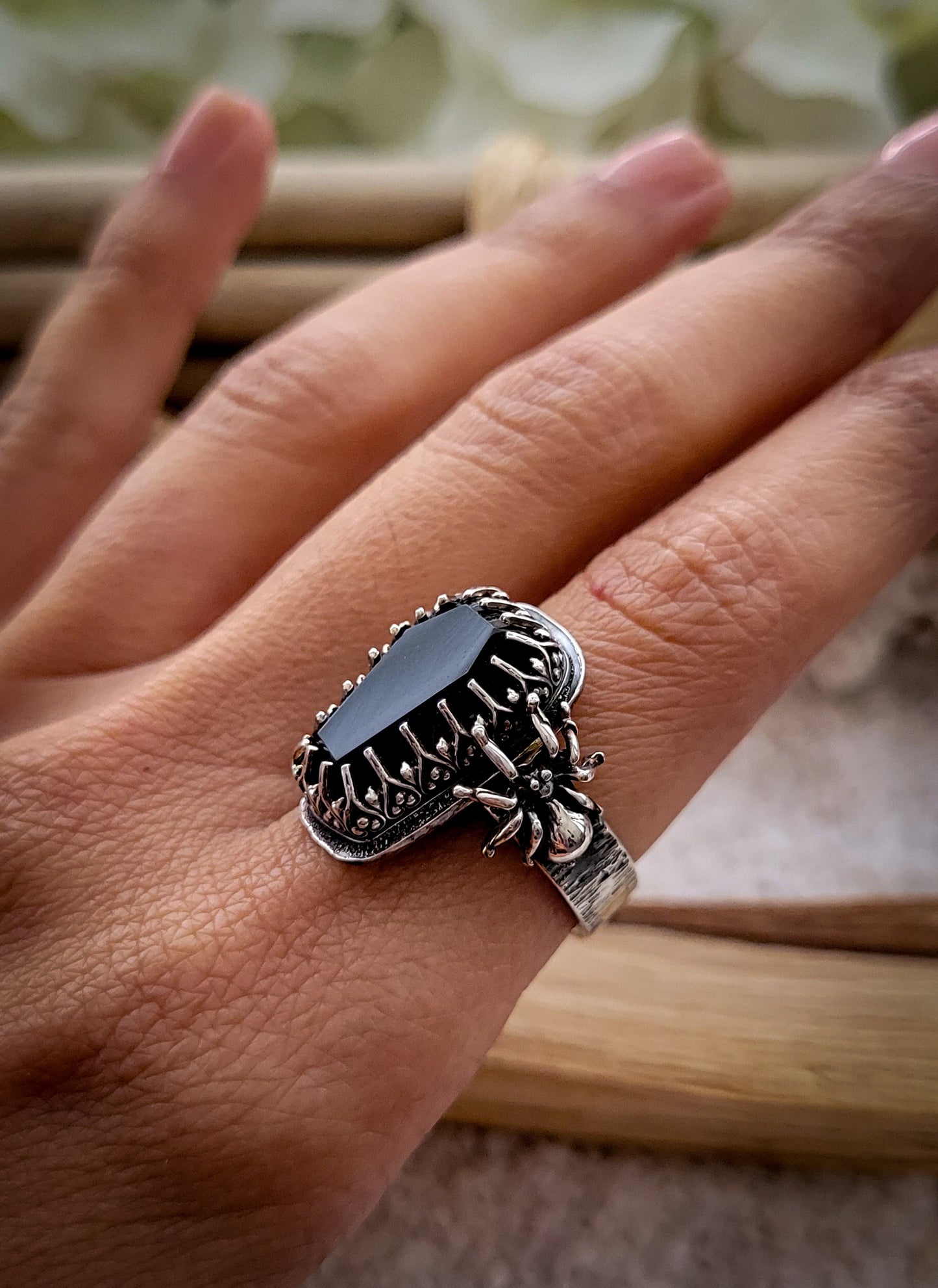 Black Onyx Coffin Ring with Spider accent Size 6