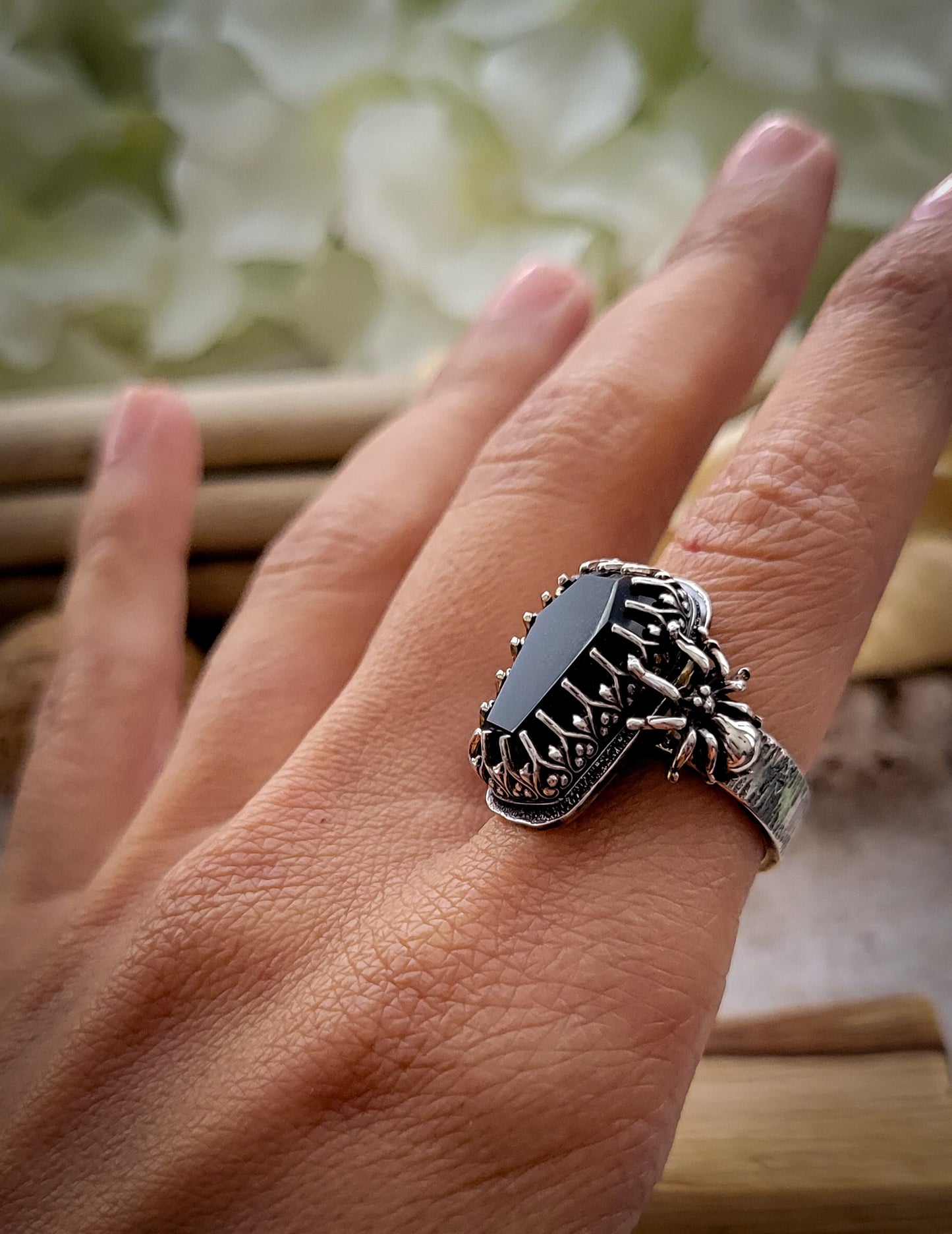 Black Onyx Coffin Ring with Spider accent Size 6