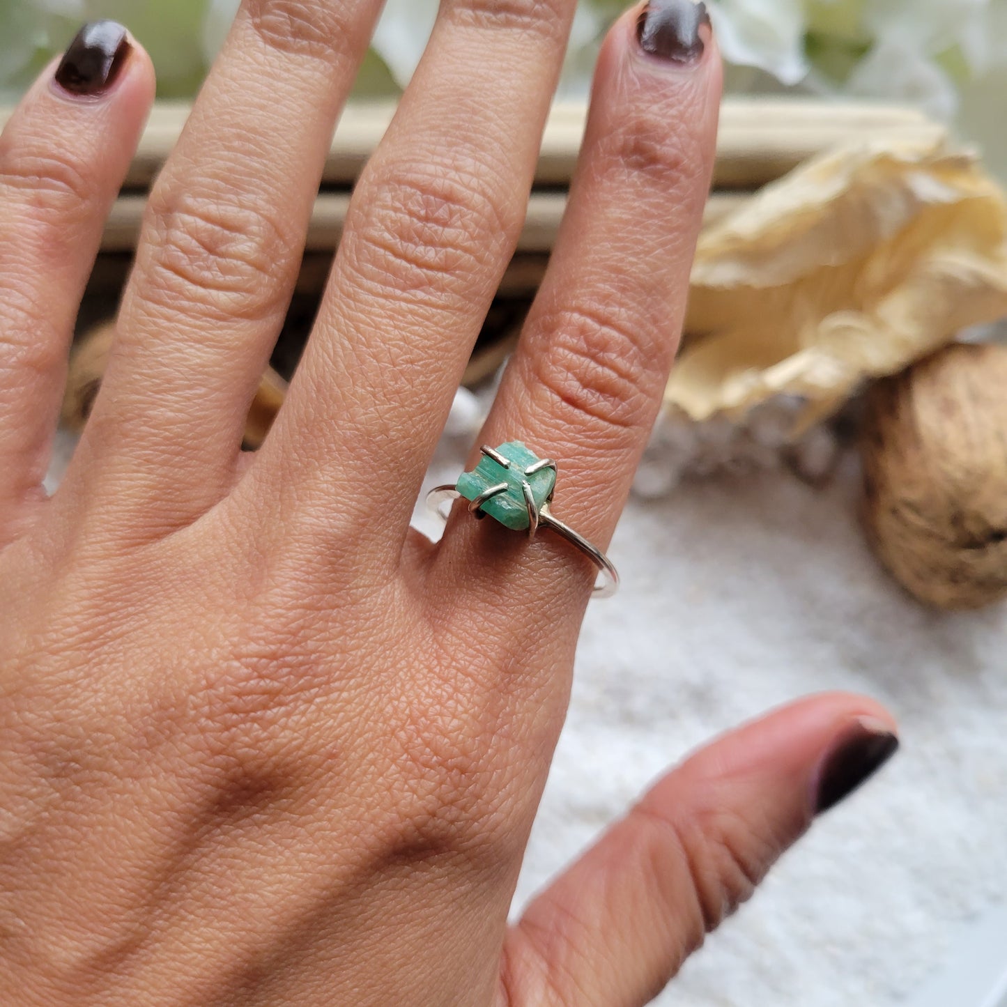 Raw Emerald Prong Ring Size 8