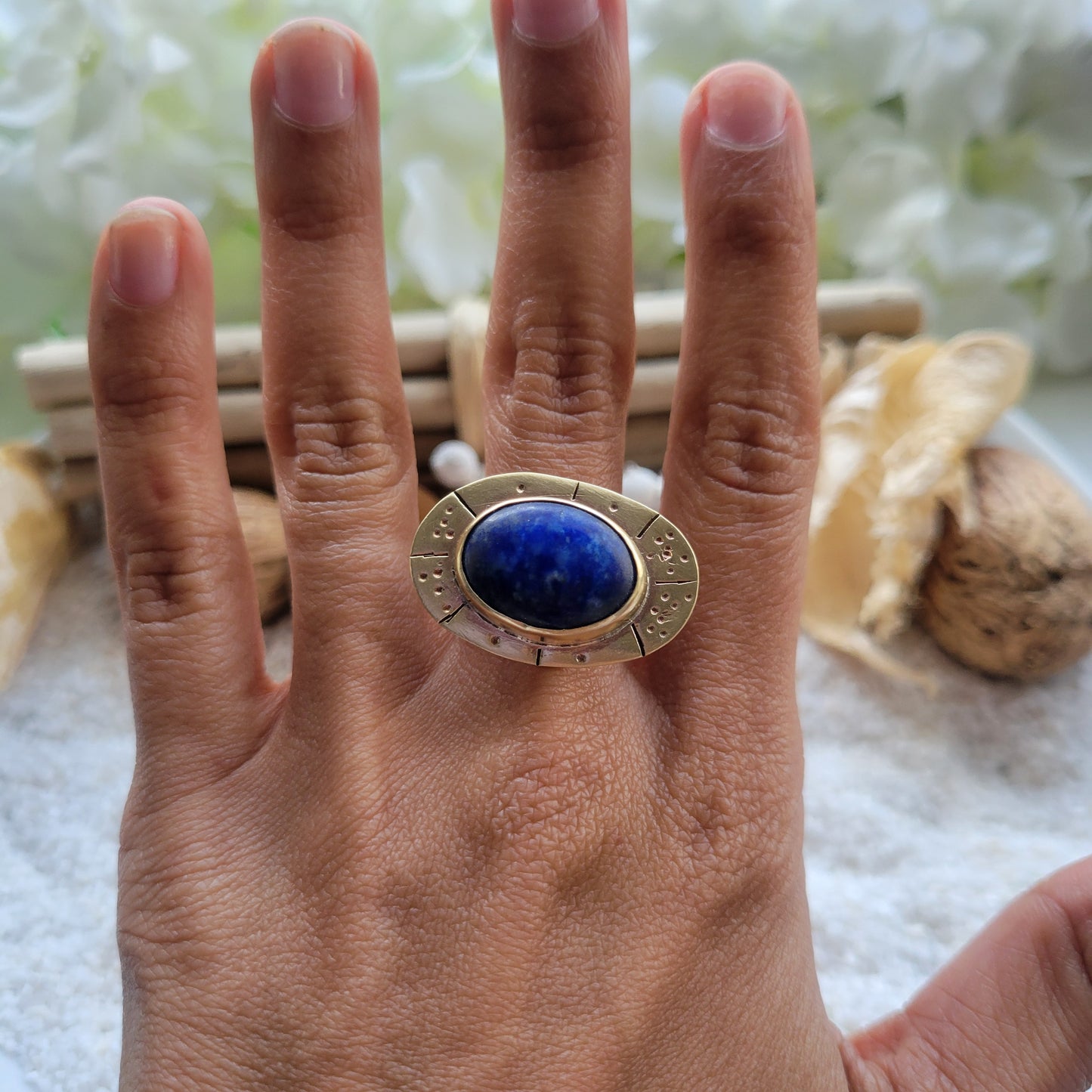 Brass Lapis Lazuli Adjustable Ring Size 7