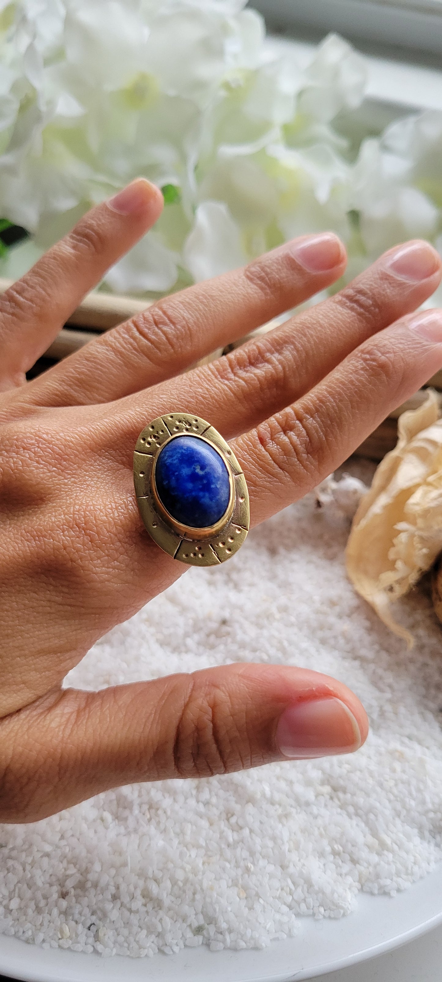 Brass Lapis Lazuli Adjustable Ring Size 7