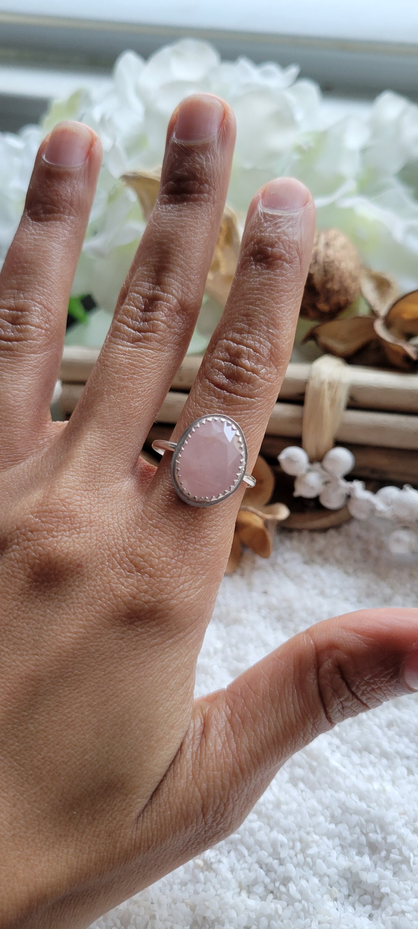 Rose Quartz Faceted Sterling Silver Ring Size 7.5