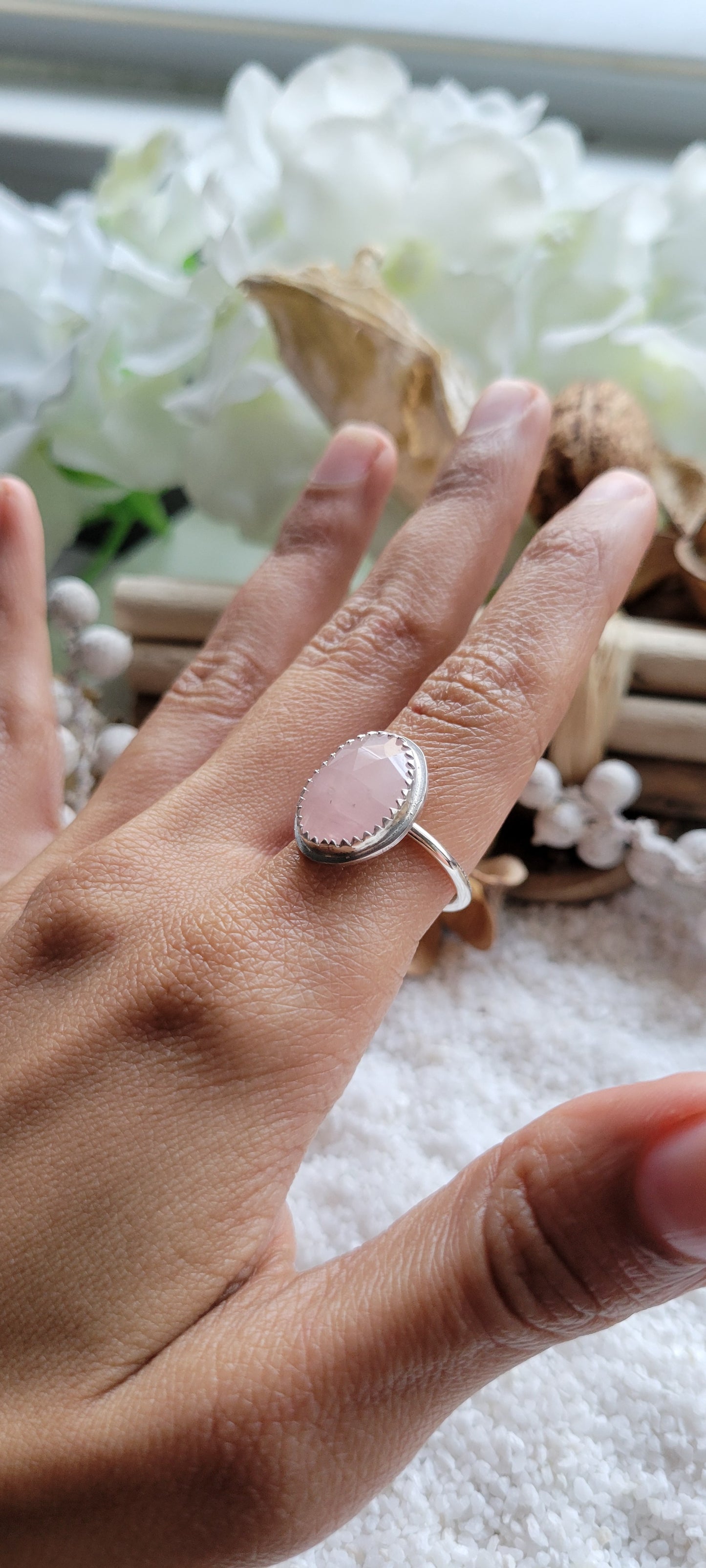 Rose Quartz Faceted Sterling Silver Ring Size 7.5